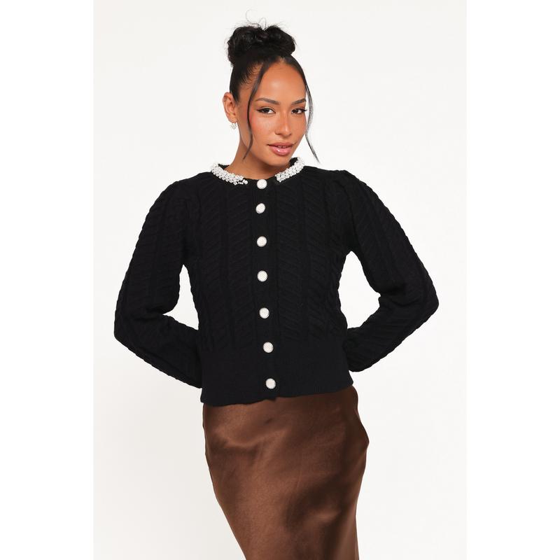 Sheena Rhinestone Collar Holiday Cardigan - Black