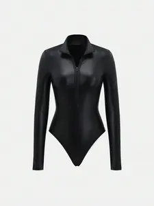 Women's PU Leather Long Sleeve Half Zipper Slim Fit Dress, Fall & Winter Warm Fashion, Casual Elegant Womenswear