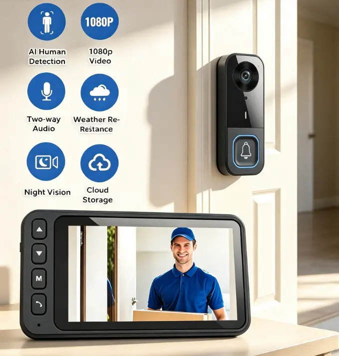 4.3-inch IPS Screen Wireless Video Doorbell Camera 2.4G, Two-Way Intercom, Infrared Night Vision, Ultra-Long Standby, Built-in Speaker, 128g SD Card,for Valentine’s Day Gift