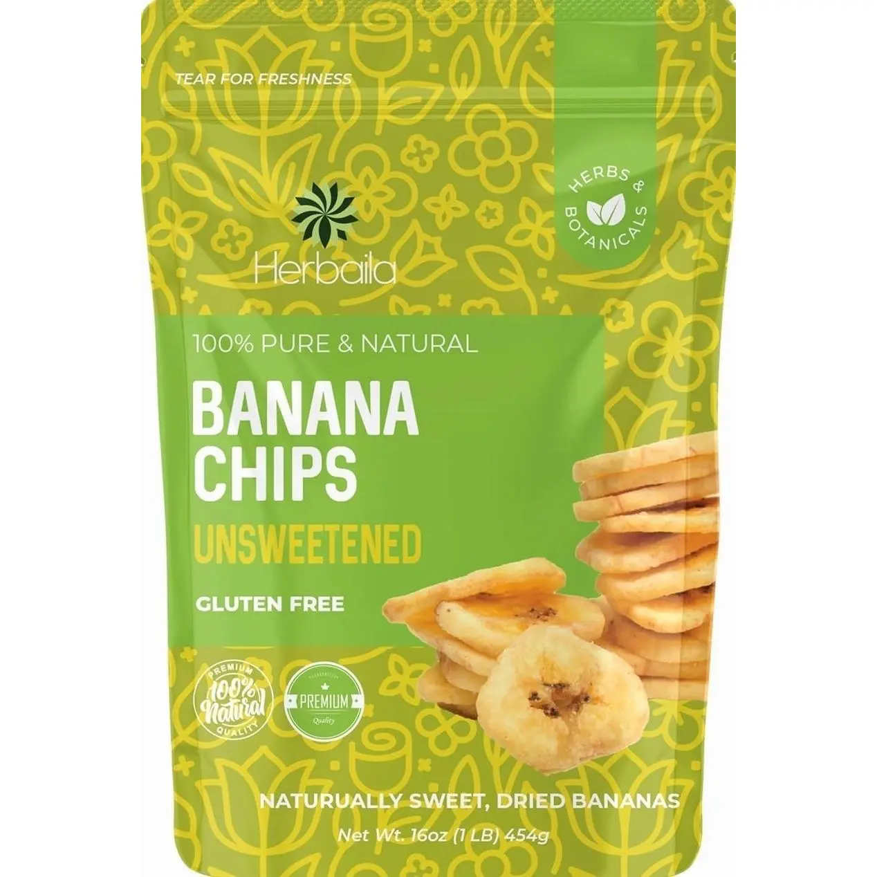 Herbaila Dried Banana Chips Unsweetened Bulk, 1 lb. Dried Bananas, Unsweetened Banana Chips, Dehydrated Bananas, Unsweetened Dried Banana slices, Banana Crisps. All Natural, Non-GMO, 16 oz.