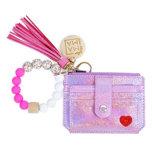 2026 (Mother's Day Gift) TikTok Viral Pink Holographic Card Holder with Pink White Bracelet - Multi-Function Wallet with Coin Pocket | Portable Fashion Accessory for Women