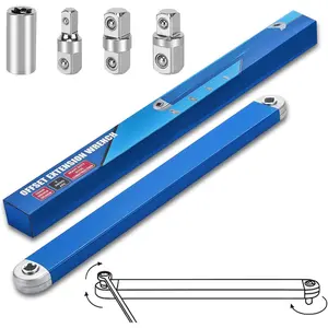 15-Inch Offset Extension Wrench Set, Impact-Ready Ratchet Tool with 1/4", 3/8" & 1/2" Square Drive Adapters, Zero Degree Socket Wrench for Tight Spaces and Hard-to-Reach Fasteners