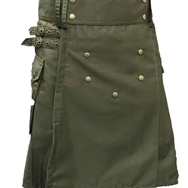 Men's Scottish Utility Kilt Cotton Cargo Pockets Skirt Highlander kilt Traditional Menswear Olive Casual Clothes