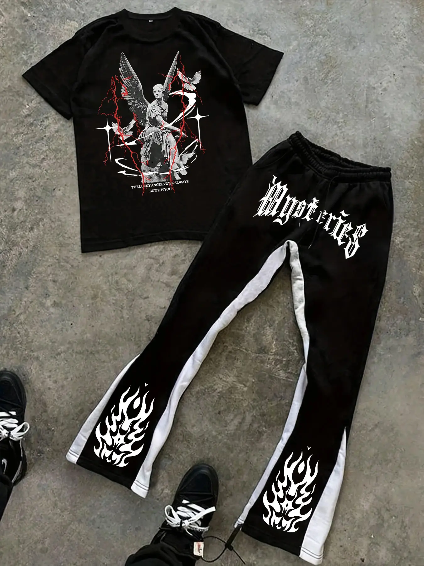 Men's Fashion Casual Two-Piece Set, Casual Lounge Set, Flame Statue Print Round Neck Short Sleeve T-Shirt & Drawstring Flare Pants, All Seasons Wear