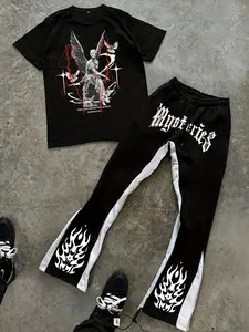 Men's Fashion Casual Two-Piece Set, Casual Lounge Set, Flame Statue Print Round Neck Short Sleeve T-Shirt & Drawstring Flare Pants, All Seasons Wear