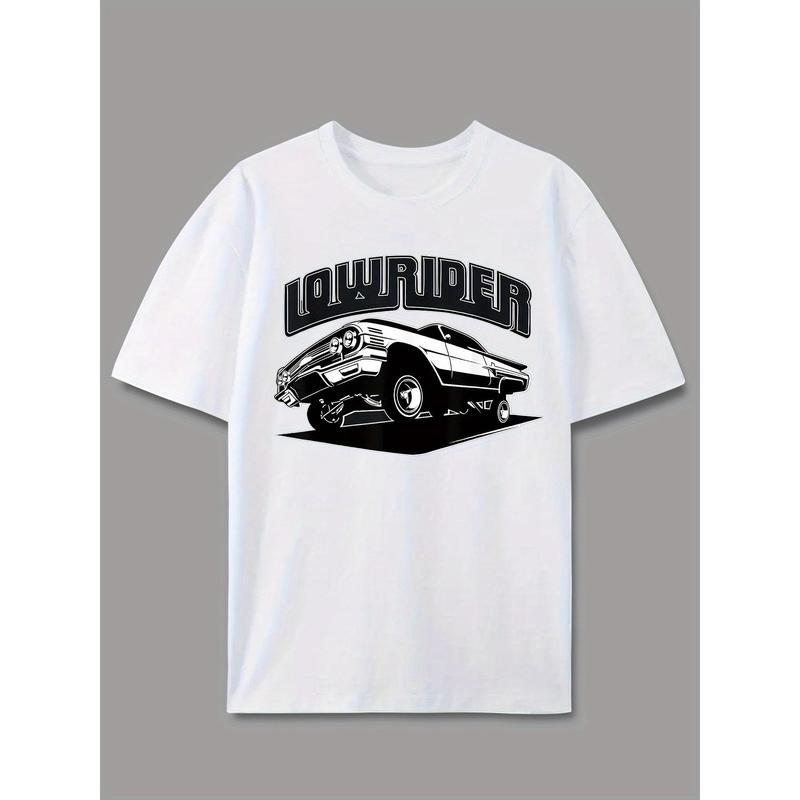 Men's Casual Lowrider Graphic T-Shirt - Short Sleeve, Crew Neck, Summer & Spring Wear, White with Black Print, Lightweight Polyester Blend, Machine Washable, Casual T Shirts