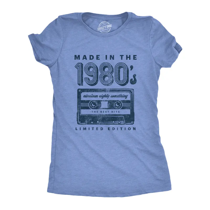 Womens Made In The 1980s T Shirt Funny Retro Cassette Tape Music Graphic Tee Funny Womens T Shirts Cute Vintage Graphic Tee Music Tops for Women Funny Vintage Top Women's Novelty Tees Light Blue