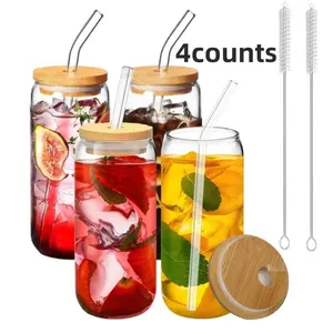 Glass Cup with Lid & Straw & Brush Set, 1/2/4pcs 16oz Party Clear Glass Cup Set, Can Shaped Drinking Glasses Iced Coffee Glass Summer Cool Bottle, Birthday Gift Ideas, Suitable for Coffee, Juice, Milk Tea, Beer
