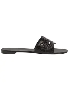 Giuseppe Zanotti Adheline Leather Sandal in Black Croc Print | Designer Slide Sandals