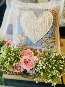 Vintage Quilt Block Pillow with Heart Appliqué Cottagecore