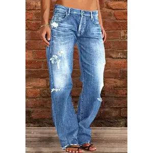 Women’s ripped jeans mid-rise straight leg denim jeans plus size boyfriend jeans baggy flare pants 90s hippie clothes