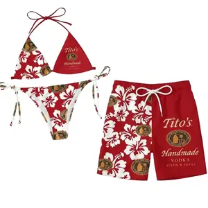Twisted Tea Inspired Red Bikini and Men’s Swim Shorts Set, Couples Beachwear for Poolside and Summer Trips