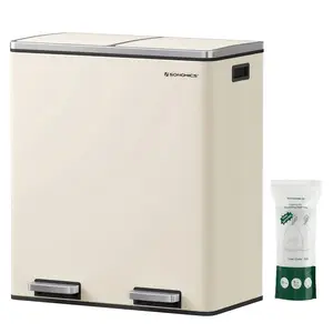 SONGMICS Trash Can, 16 Gal Garbage Can for Kitchen, with 15 Trash Bags, Plastic Inner Buckets and Hinged Lids, Airtight, Almond Color