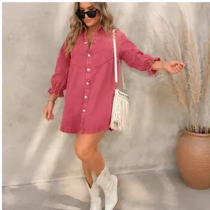 Women's Washed Denim Babydoll Mini Dress Puff Sleeve Button Front Collared Ruffle Hem Cute Summer Casual Dress  vestido casual  vacation dress