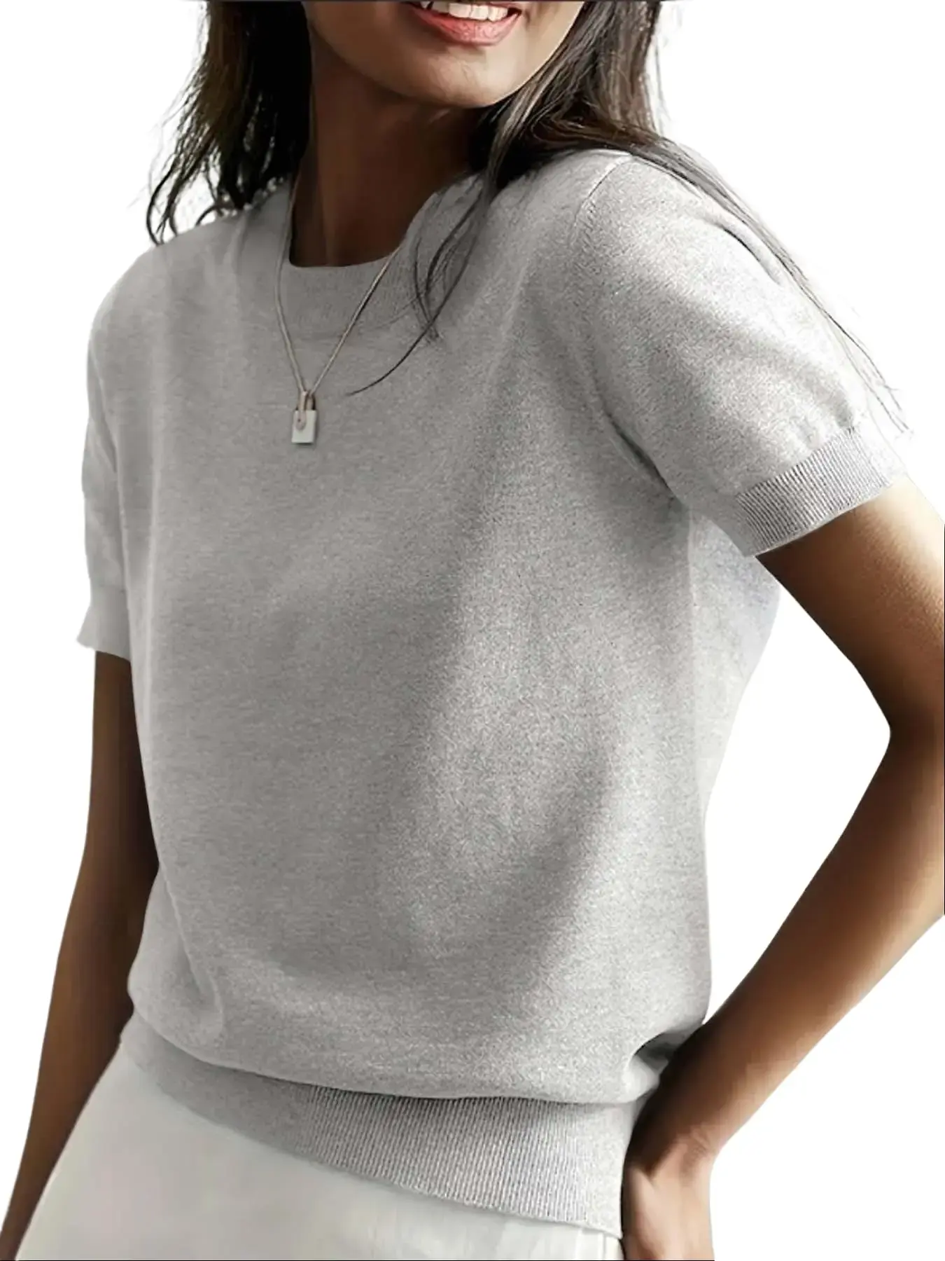 PHEFEE Women's Short Sleeve Knit Top Crew Neck Casual Pullover Lightweight Summer Sweater Ribbed Hem Basic Tee Topsv