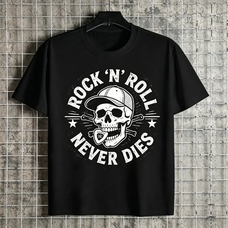 “ROCK 'N' ROLL NEVER DIES” Skull Themed T-Shirt - Vintage Band Tee Oversized 90s Rock Graphic T-Shirt, Distressed Black Concert Shirt Grunge Music Gift, 100% Cotton,  casual summer tee