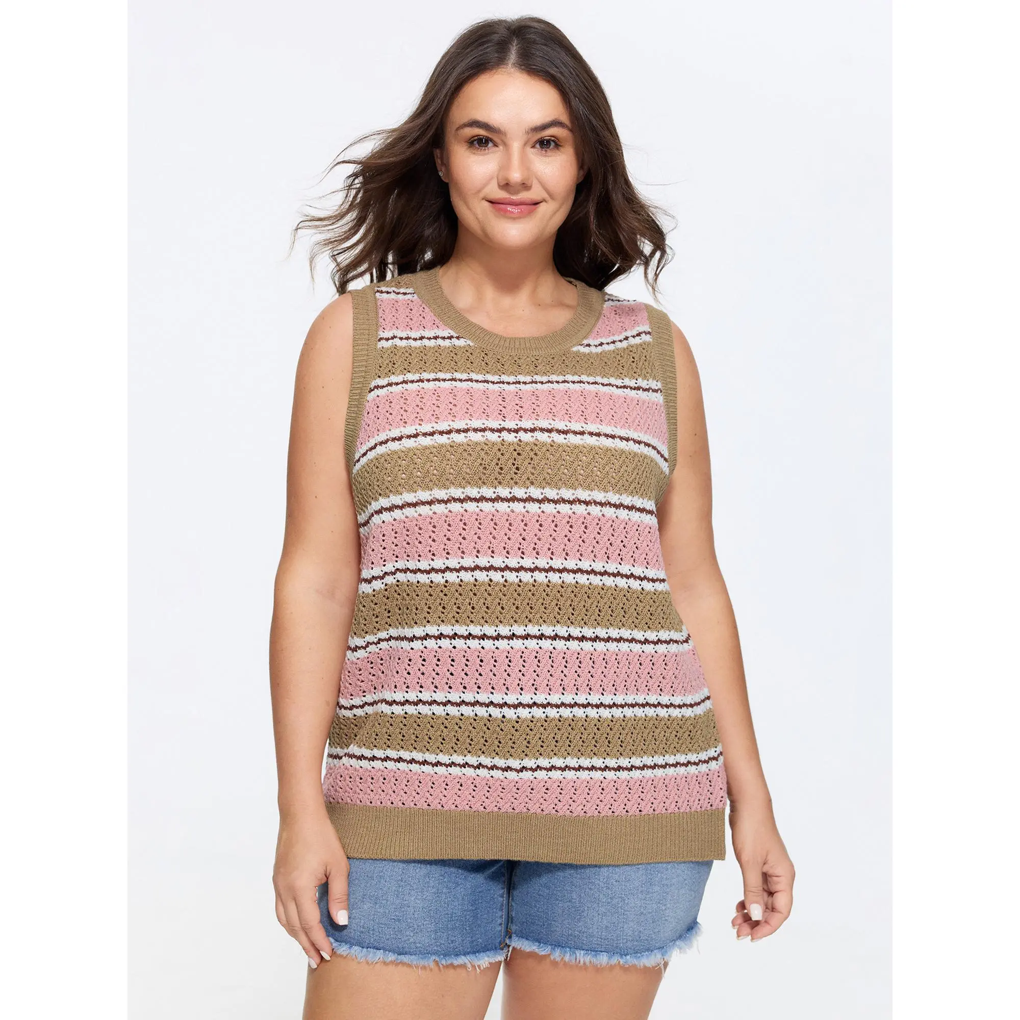 BloomChic Plus Size Striped Color Block Sweater Vest, Sleeveless Cable Knit Pull-On Top in an Acrylic Nylon Fabric, Tops, Garment, Lady, Vest Top