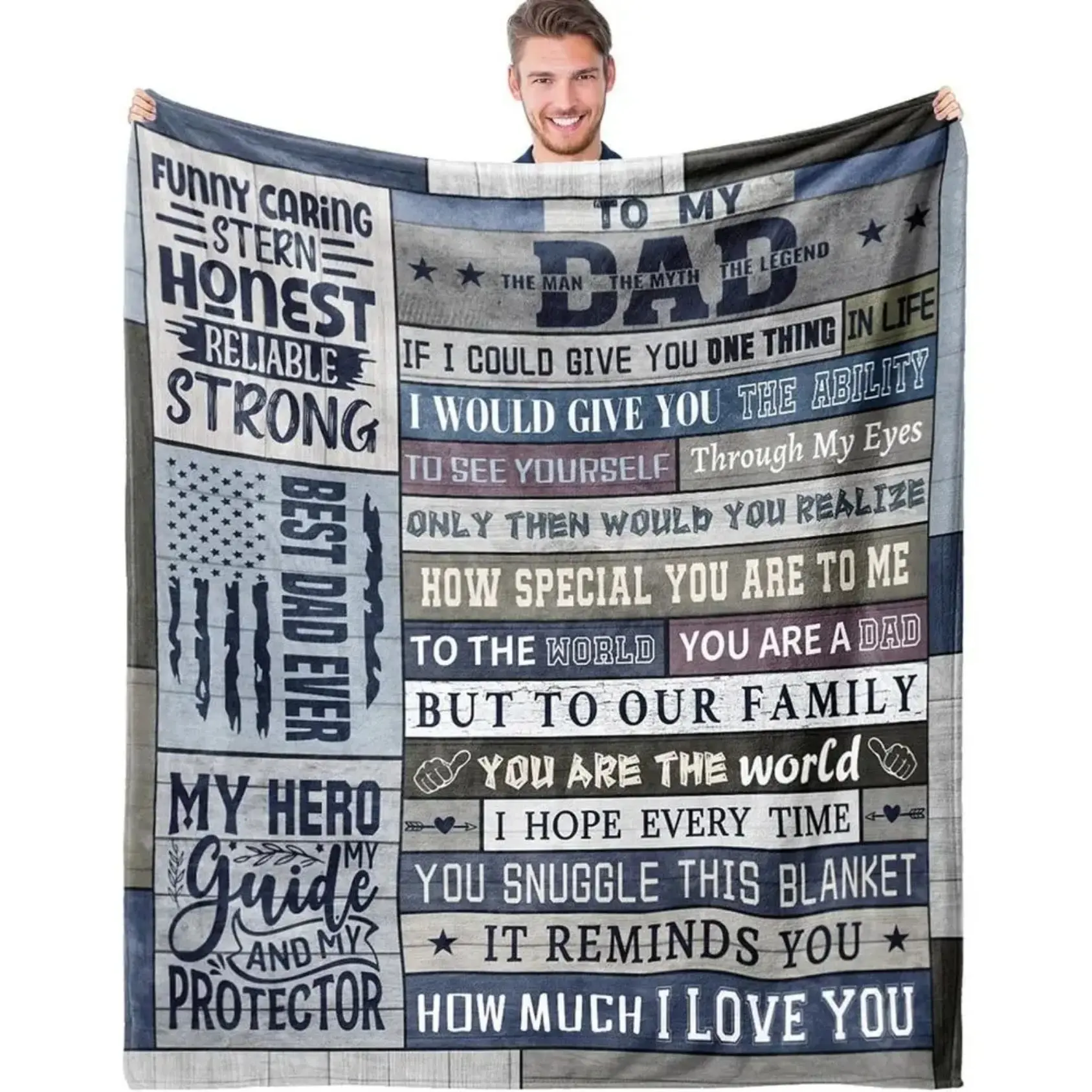 Flannel Slogan Blanket - Father's Day Gift with "The Man The Myth The Legend" Quote, Fuzzy Plush Warmth, Patriotic Pride, Heartfelt Message, Soft Cozy, American Motif, Home Decor for Bedroom Sofa, Gift for Dad