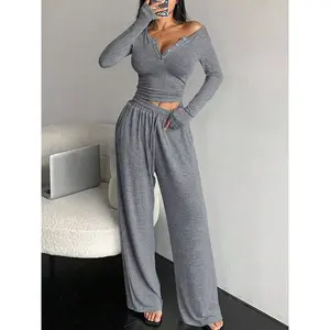Women's Solid Button Front Pocket Top and Drawstring Pants Casual Set, Casual Two Piece Pajama Set, Autumn/Winter Women's Pajamas