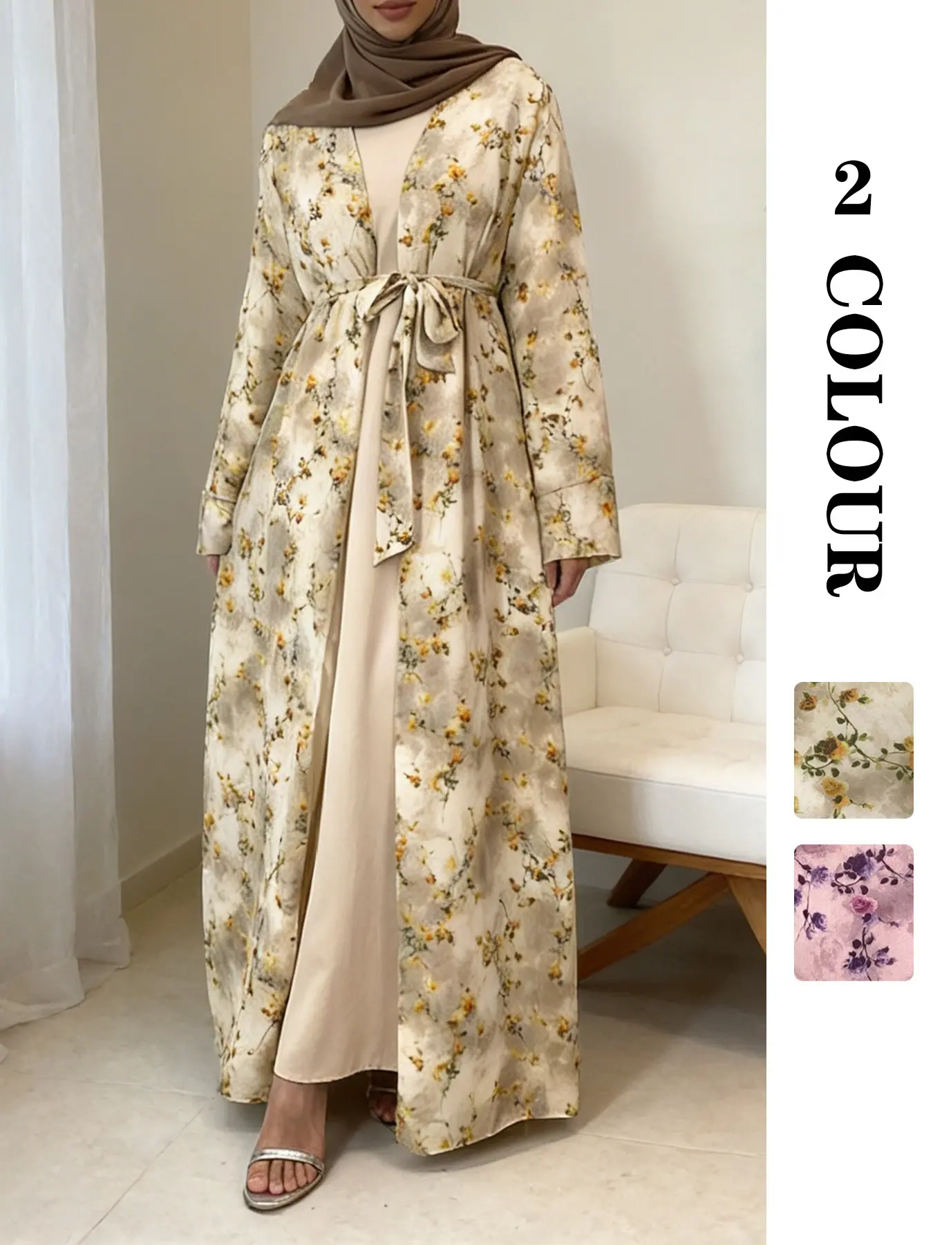 Spring Summer Floral Print Open Front Modesty Abaya with Pockets, Chiffon Breathable Wide Sleeve Design, 2 Colors, 5 Sizes, Slimming and Convenient, Islamic Modesty Clothes Abaya Dress