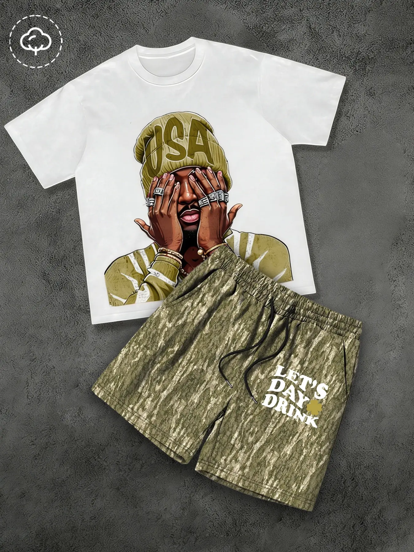 Unisex design, Menswear, Clothing Sets, street-style casual Oversized T-shirt + shorts Outfit, character print short-sleeved T-shirt paired with camouflage wide-leg athletic pants, Perfect for parties, street fashion, comfort, style