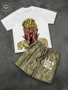 Unisex design, Menswear, street-style casual Oversize, Oversized T-shirt + shorts set, character print short-sleeved T-shirt paired with green Celtic pattern camouflage wide-leg athletic pants, Perfect for parties, street fashion, comfort, style