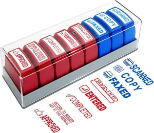 8PCS Office Stamps Set, Copy Paid Scanned Faxed Approved Completed Entered Message Work Stamp with Storage Tray, Rubber Business Stamp in Red and Blue Ink, Account Finance Staff Supplies