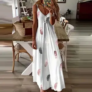 All-Season Chic Feather Print Maxi Dress Casual V-Neck Comfort Stretch Boho Maxi Dress,Breathable & Versatile for Any Occasion