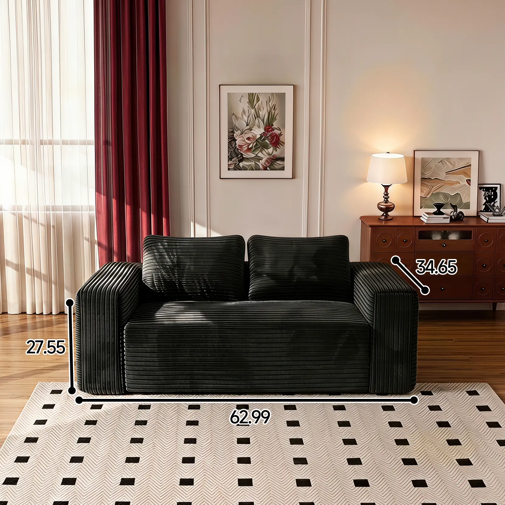 63in Black Two-Seater Sofa
