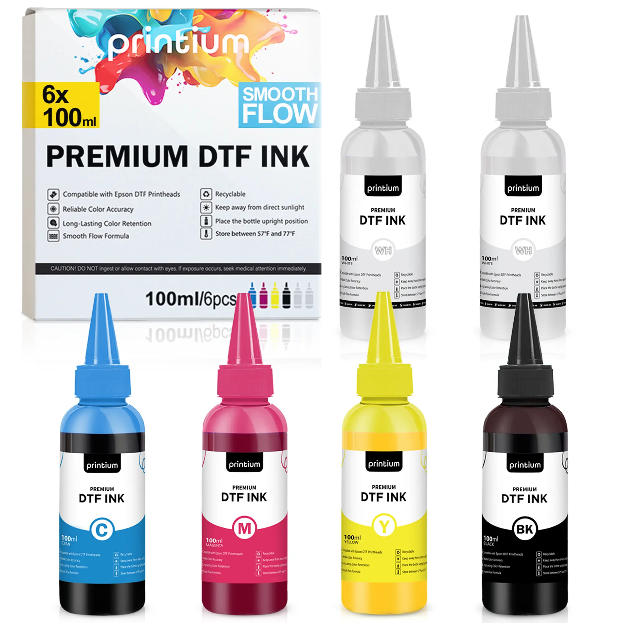 Printium Premium DTF Ink Set - 6x100 ml (3.38 fl oz) CMYKWW for High-Quality Apparel Decoration & Dtf Printers