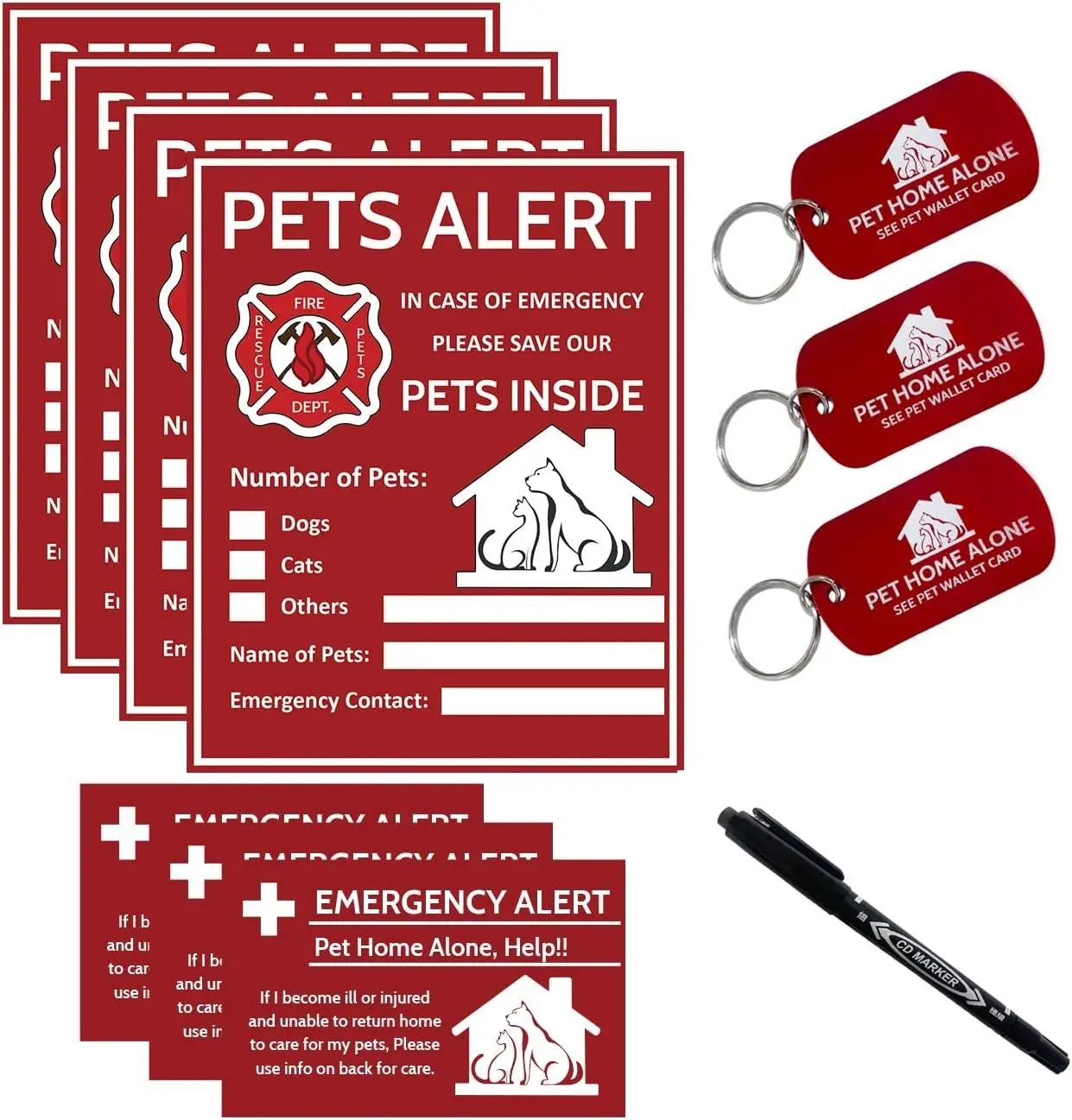 4 Pack Pet Inside Safety Alert Sticker Rescue Pets Decal for House Window Door with Wallet Card & Key Tag Save My Pet in Case of Emergency
