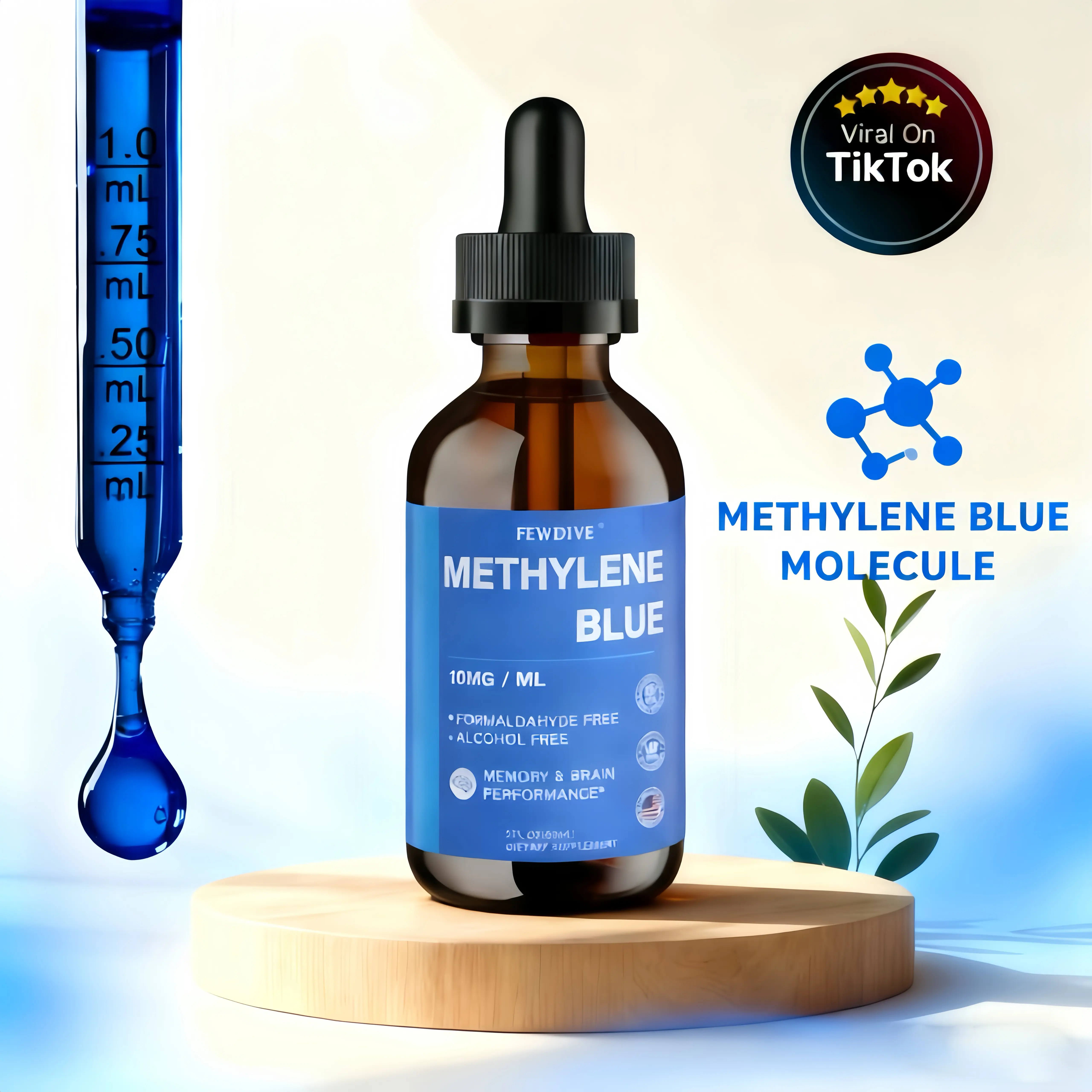 FEWDIVE Methylene Blue Supplement Drops 10mg/ml | Formaldehyde-Free | 99.99% Purity | Complex Vitamin B Group | Energy Boost | Brain & Heart Support | Natural Energy Enhancer