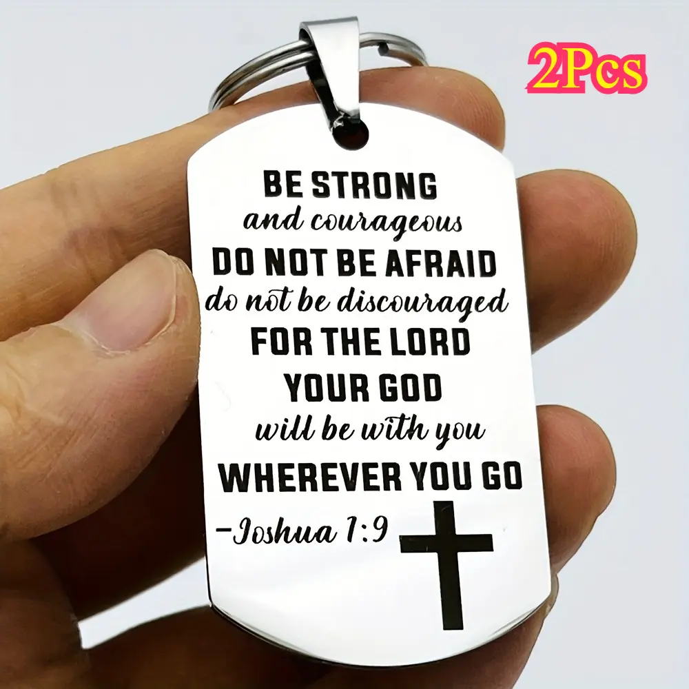 2-Pack Stainless Steel Cross Keychains, Unisex Inspirational Keyring with Joshua 1:9 "Be Strong and Courageous", Faithful Message Gift for Graduation, Birthday, Anniversary