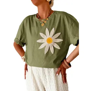 Dokotoo Womens Shirts Summer Fashion Round Neck Short Sleeve Flower Embroidery Tops Casual Loose Solid Color Blouses