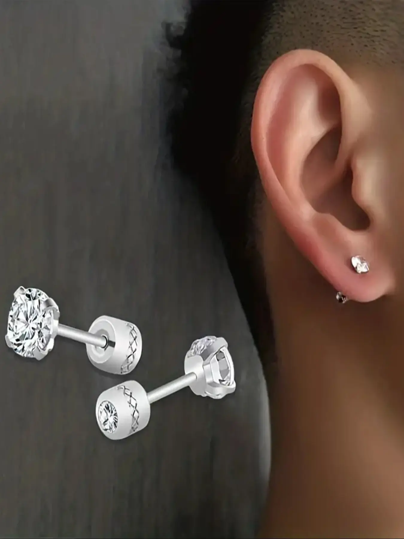 Men's Punk Style Artificial Zircon Decor Stud Earrings, Screw Back Earrings, Stainless Steel Earrings, Fashion Jewelry for Party, Daily Decor, Trendy All-match & Exquisite Jewelry for Birthday Gift