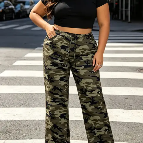 Plus Size Camo Wide Leg Pants, Elastic Waist High-Waisted Long Pants, Street Style Fashion for Curvy Plus Size Women, Casual Everyday Wear Camouflage Bottoms