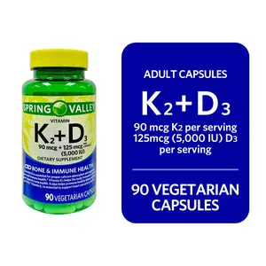 Spring Valley Vitamin K2 + D3 Vegetarian Capsules 90 Count - Supports Bone Health and Immune Health, Fitness Healthcare