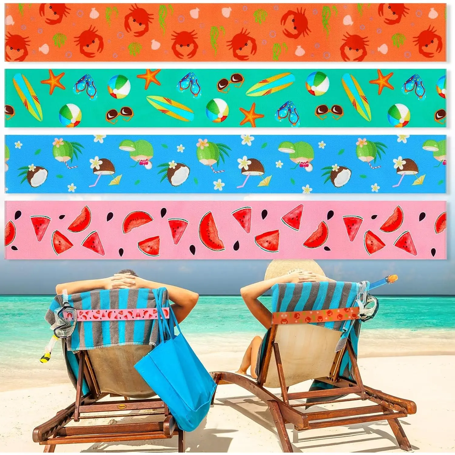 Fruit Print Beach Towel Bands (4-Pack) - Elastic Windproof Strap Holders for Beach, Pool Lounge Chairs, Home Bathroom Accessories