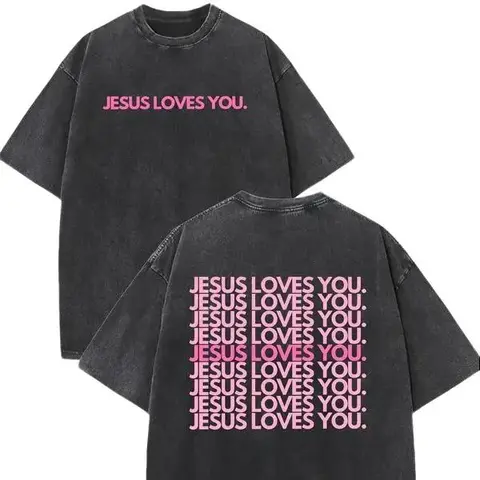 Women's Christian Cotton Graphic Tee - Oversize Acid Wash Church-Ready Top, Double-Sided "Jesus Loves You" Print, Round Neck, Breathable Faith + Trendy All Seasons Casual Streetwear Tee