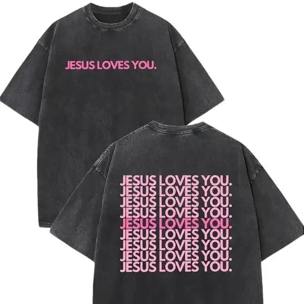 Women's Christian Cotton Graphic Tee - Oversize Acid Wash Church-Ready Top, Double-Sided "Jesus Loves You" Print, Round Neck, Breathable Faith + Trendy All Seasons Casual Streetwear Tee