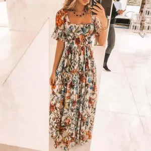 European and-Waisted Dress Square Neck Printed Ruffle Sleeve Bohemian Style Waist-Slimming Floral Fairy Dress 2025 Summer Casual