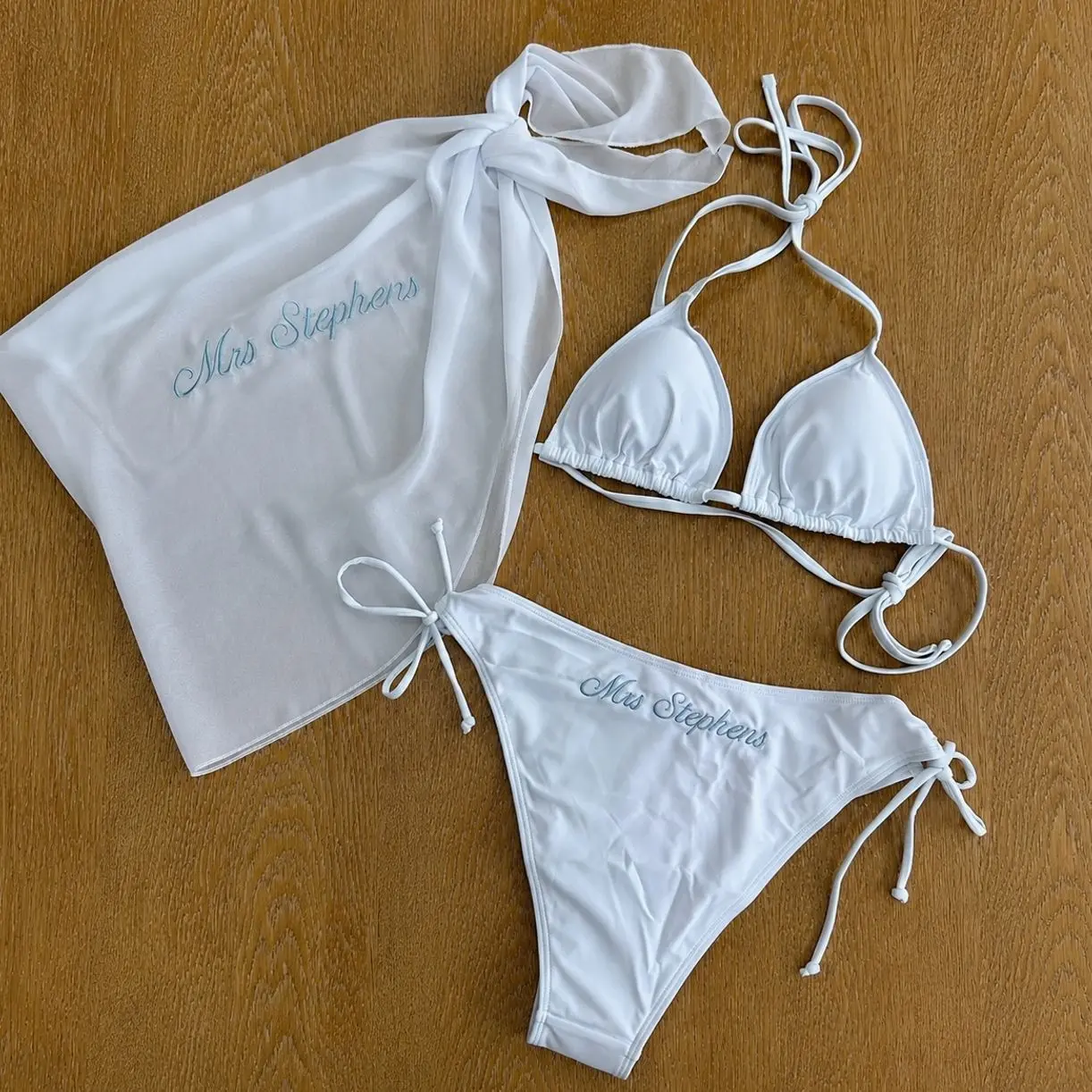 Personalized Bridal Bikini Set with Matching Sarong, Custom Embroidery Swimwear for Bride to Be and Beach Vacation