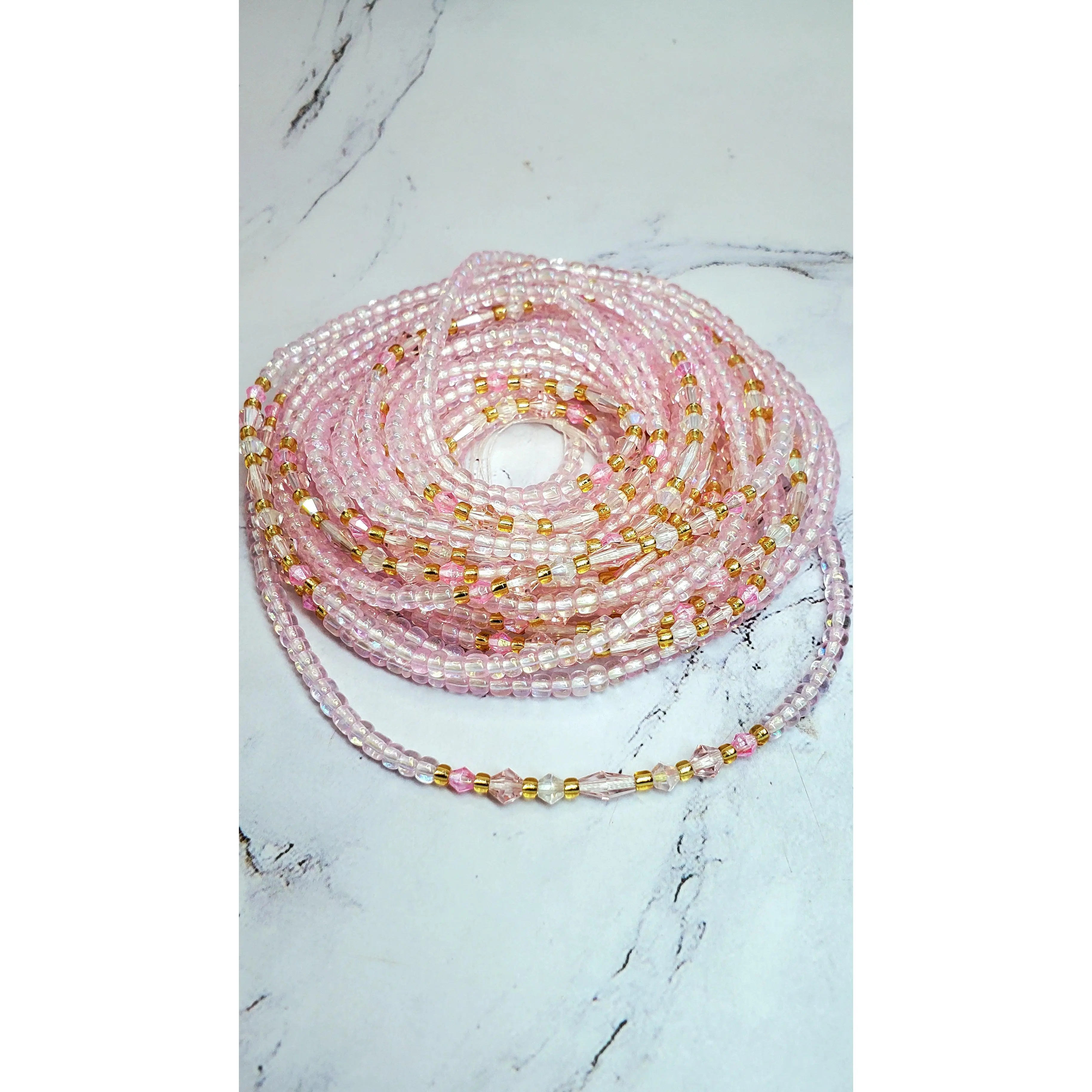 Pink Transparent Tie-On Crystal Waist Beads - Adjustable Waist Accessories with Colorful Beads for Weight Management and Style Enhancement