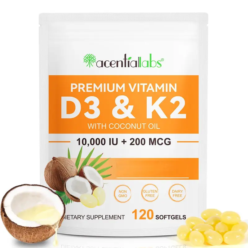 Acentiallabs Vitamin D3 10000 IU & K2 200 mcg - 120 Virgin Coconut Oil Softgels Dietary Supplement for Optimum Healthcare and Fitness Multicolor
