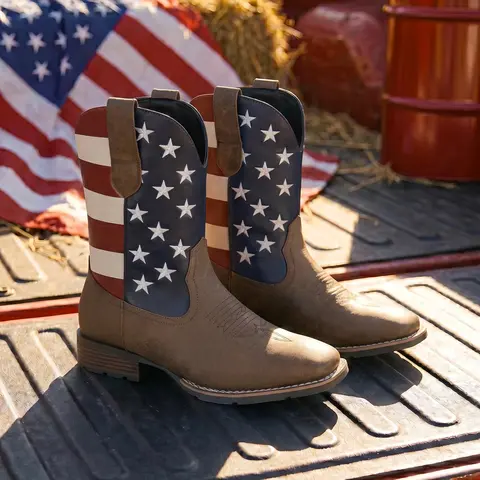 Men's Patriotic Cowboy Ankle Footwear - American Traditional Faux Leather Design, Hand-Stitched Embroidered Slip-On, Square Toe, Rubber Slip-Resistant Chunky Heel, Breathable, Durable for 250th Anniversary Campfire/BBQ Party Spring Fall, Rodeo-Ready Grip
