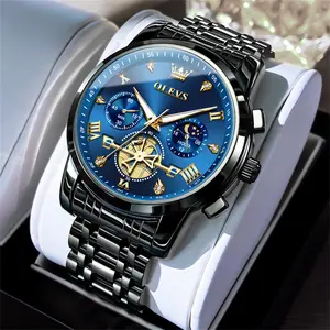 OLEVS Men's Quartz Watch 2856 with Luminous Dial 3ATM Waterproof Chronograph Stainless Steel Band 42mm Round Dial Green/Blue/Black Wristwatch