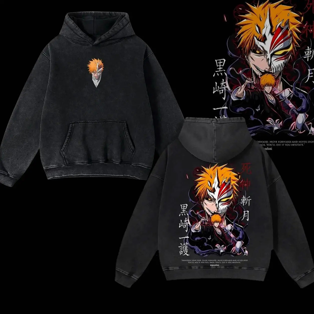 Ichigo Kurosaki Bankai Hoodie, Bleach Hoodie, Anime Double Printed Oversize Lightweight Acid Washed Hoodie, Gift For anime lover, anime merch graphic Hoodies Cotton Fabric E8V W4I