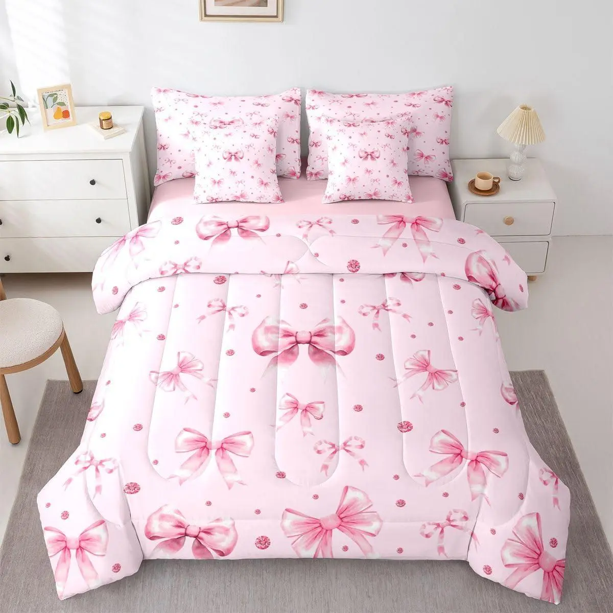 Feelyou 7-Piece Microfiber Bedding Set - Bow Tie Print, Pink Princess Ribbon, Multi-Size with Sheets, Luxury Girls' Bedding, Halloween Room Decor, Coquette Soft Furnishings