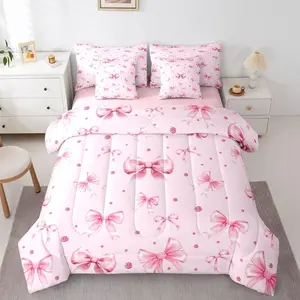 Feelyou 7-Piece Microfiber Bedding Set - Bow Tie Print, Girly Theme, Multi-Size Pink Princess Ribbon Bedding with Sheets for Kids, Coquette Themed Soft Furnishings