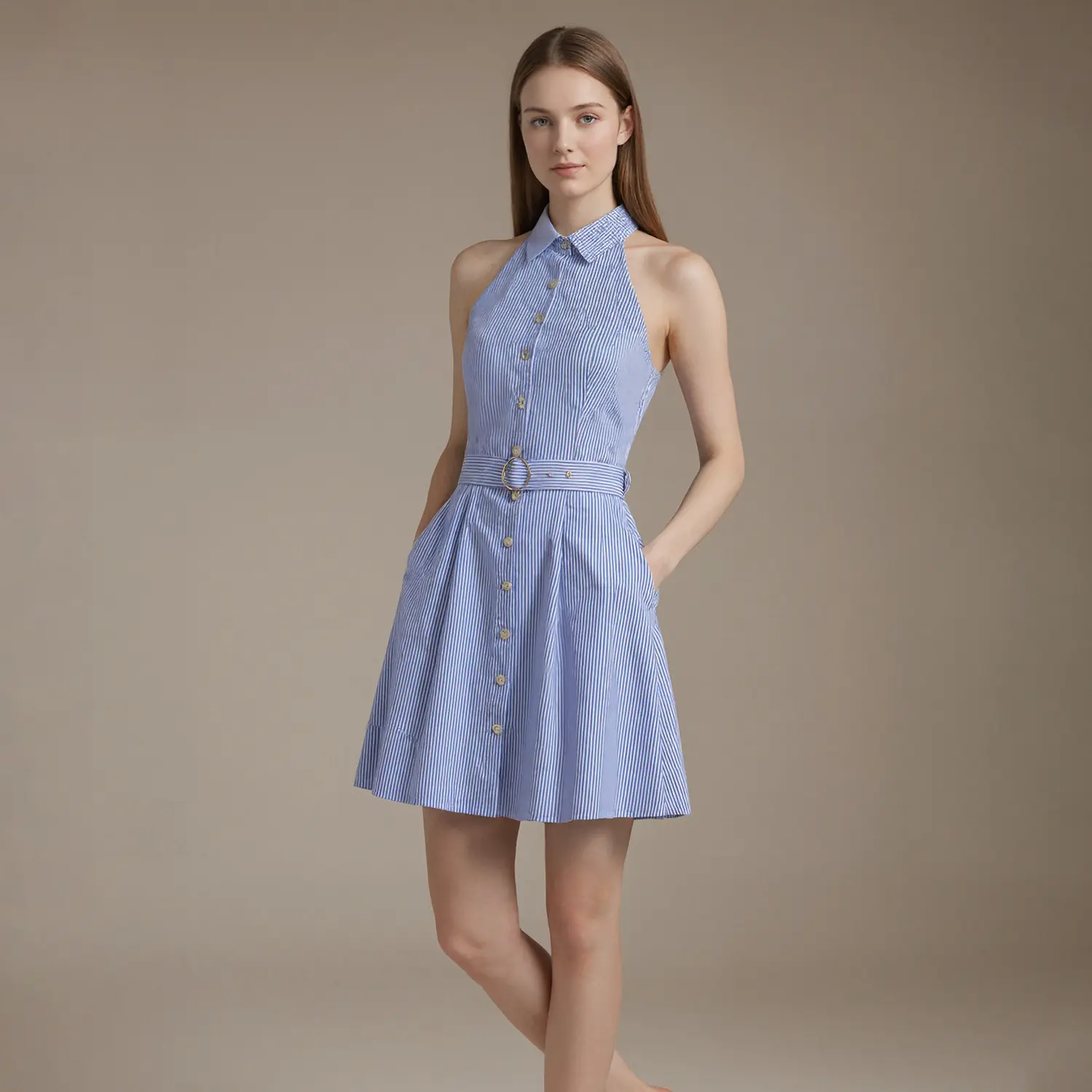 Womenswear Casual LesLuvra Elegant Blue Stripe Halter Mini Dress with Hidden Pockets, Adjustable Belt Polyester Shell
